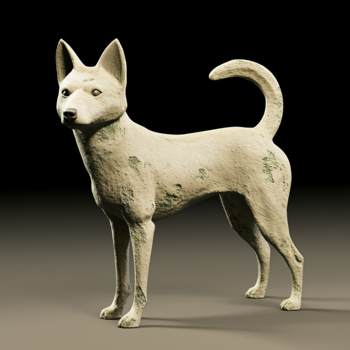 Ancient Shiba Inu Stone Sculpture Digital sculpture of a Shiba Inu, styled as an ancient stone carving. The dog is standing, facing slightly to the left, with a weathered stone texture.