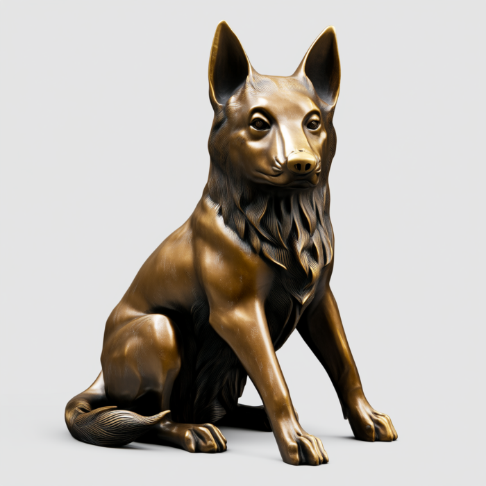 Bronze sculpture of a German Shepherd dog sitting, displayed against a light gray background.