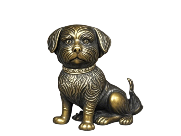 Bronze sculpture of a seated puppy with detailed fur and a regal expression, wearing a decorative collar.