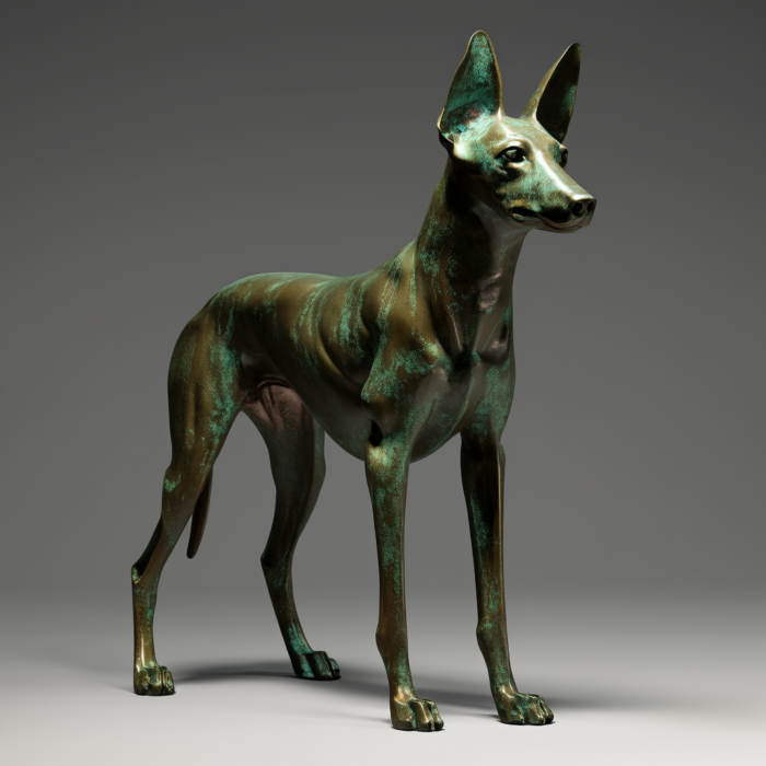Bronze sculpture of a Shiba Inu dog, standing proudly with an antique-style green patina.