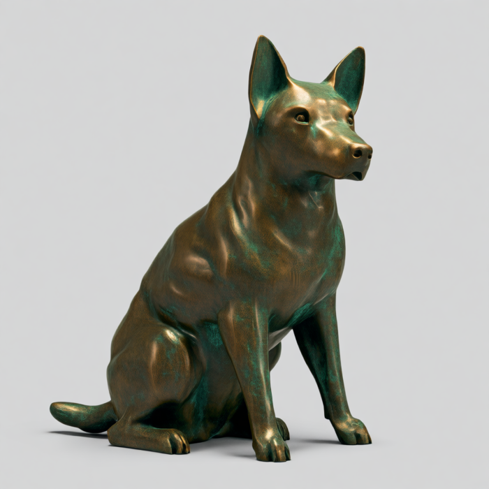 Bronze sculpture of a Shiba Inu dog sitting, with a green-brown patina finish. The sculpture is highly detailed and realistic.