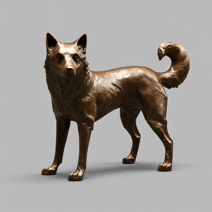 Bronze sculpture of a Shiba Inu dog, standing in profile, facing the viewer. The sculpture is detailed and realistically portrays the dog's features and posture.