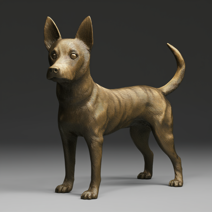 Bronze sculpture of a Shiba Inu dog, standing, showing detailed fur texture and a rich bronze finish.
