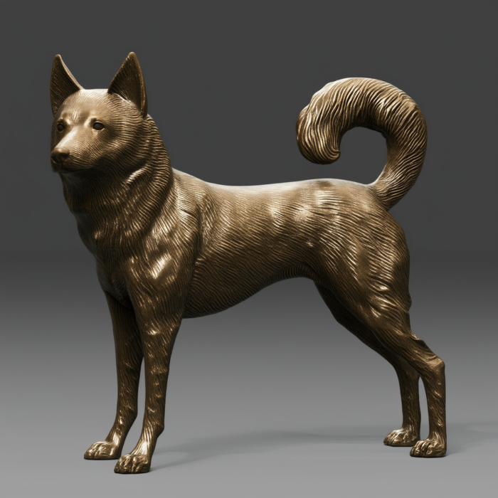 A bronze sculpture of a Shiba Inu dog standing, showcasing detailed fur and musculature.