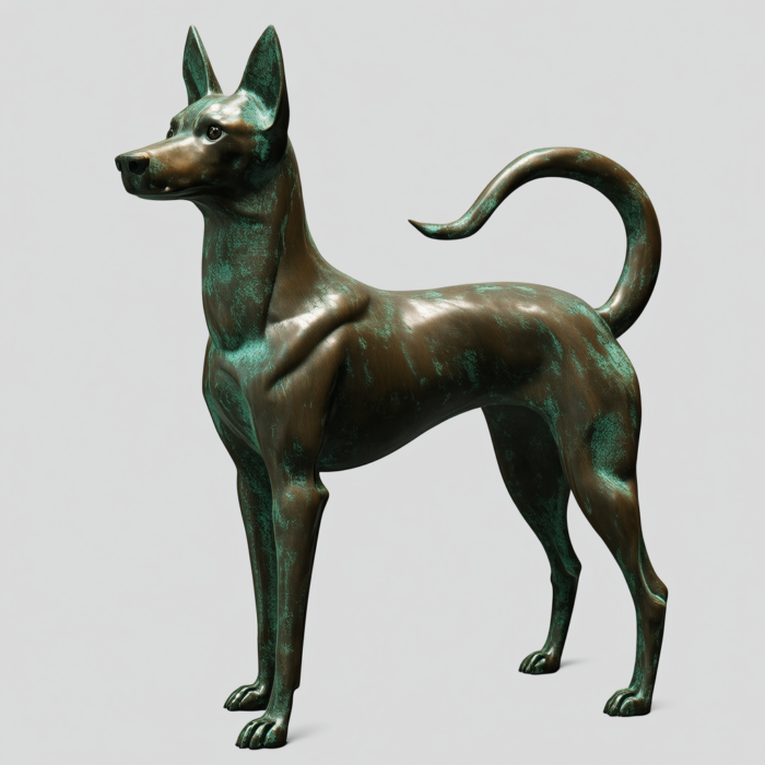 Bronze sculpture of a Shiba Inu dog, standing in profile, with a dark brown and teal-green patina finish.