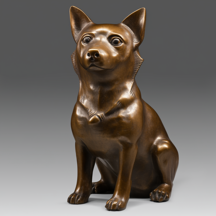 Bronze sculpture of a Shiba Inu dog sitting, showcasing intricate details and a realistic portrayal of the breed.