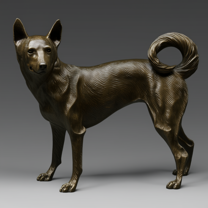 Bronze sculpture of a Shiba Inu dog, standing, tail curled. Detailed depiction of fur and musculature.