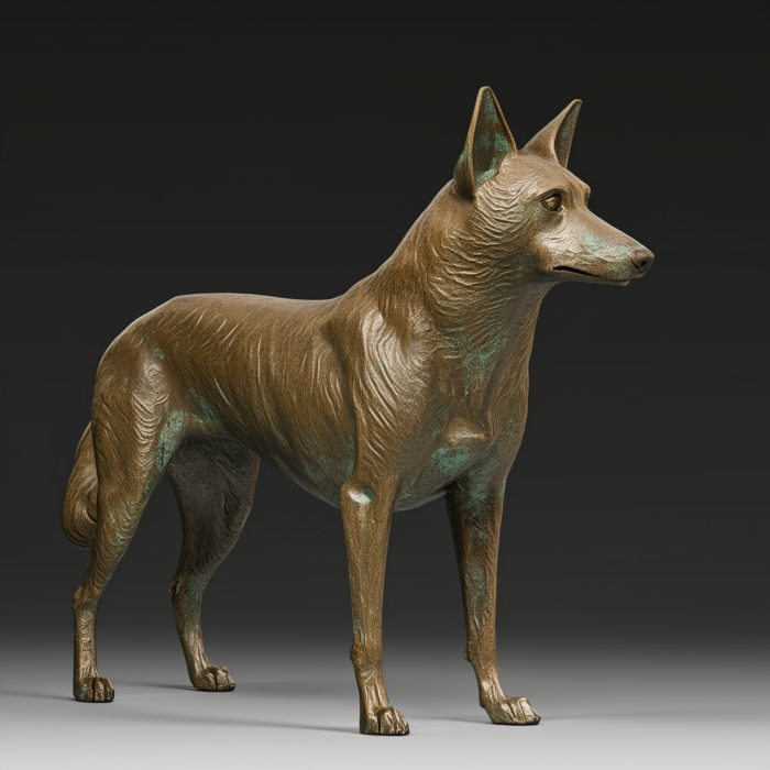 Bronze sculpture of a Shiba Inu dog, standing in profile view. The sculpture has a distressed bronze finish with hints of verdigris.