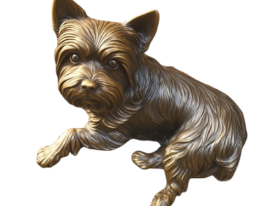 Bronze sculpture of a Yorkshire Terrier, sitting, detailed fur, rich patina.