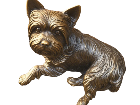 Bronze sculpture of a Yorkshire Terrier, sitting, detailed fur, rich patina.