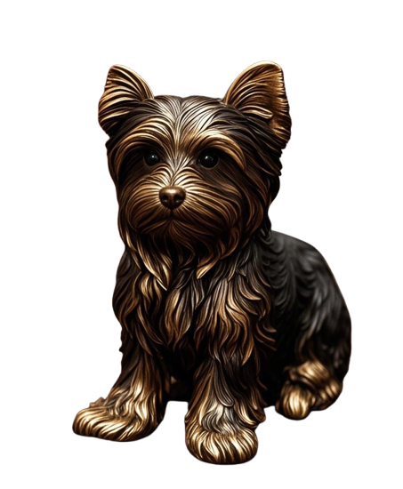 Bronze sculpture of a Yorkshire Terrier sitting, detailed fur and expressive eyes.