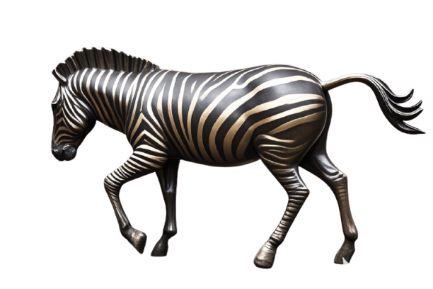 A bronze sculpture of a zebra in motion, showcasing detailed stripes and a rich bronze finish with gold accents.