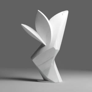 Geometric abstract botanical sculpture in marble, minimalist style, transparent background.