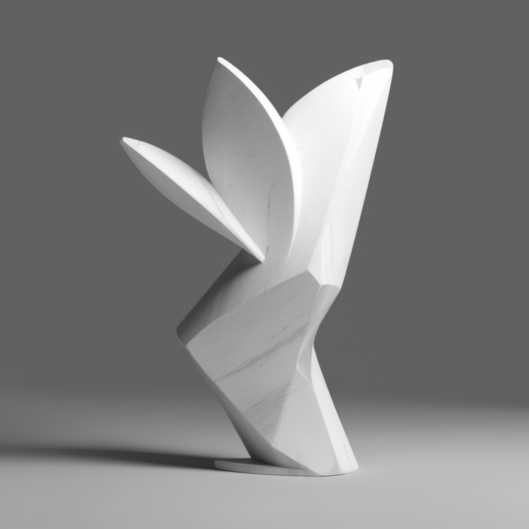 Geometric abstract botanical sculpture in marble, minimalist style, transparent background.