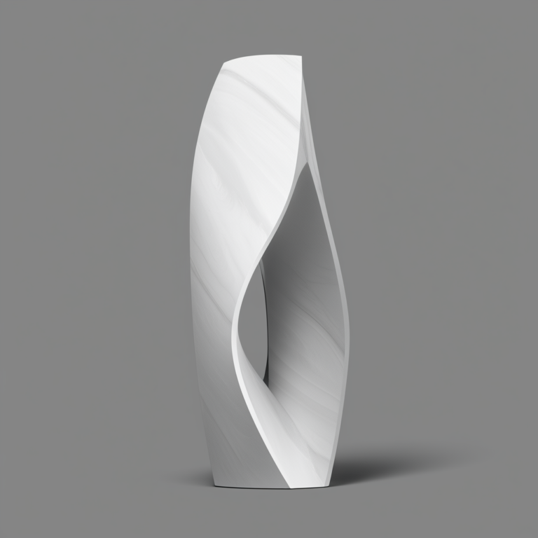 A minimalist digital sculpture of a geometrically abstracted botanical form, rendered in polished marble with a transparent background.