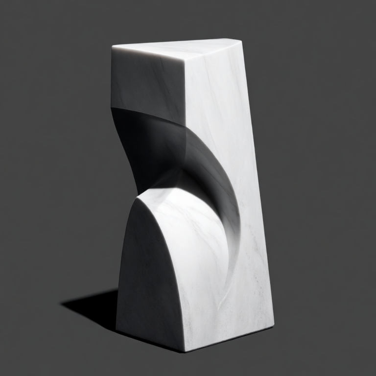 Minimalist digital sculpture of an abstract garden ornament in marble with three tonal gradations, against a transparent background.