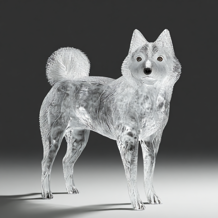 A translucent, crystal-like sculpture of a Shiba Inu dog standing, facing forward. The detail shows the dog's fur and features clearly.