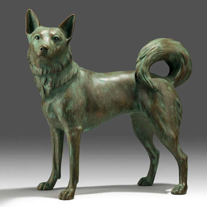 A bronze sculpture of a Shiba Inu dog standing in profile, showing intricate detail in its fur and posture. The sculpture has a dark green patina finish.