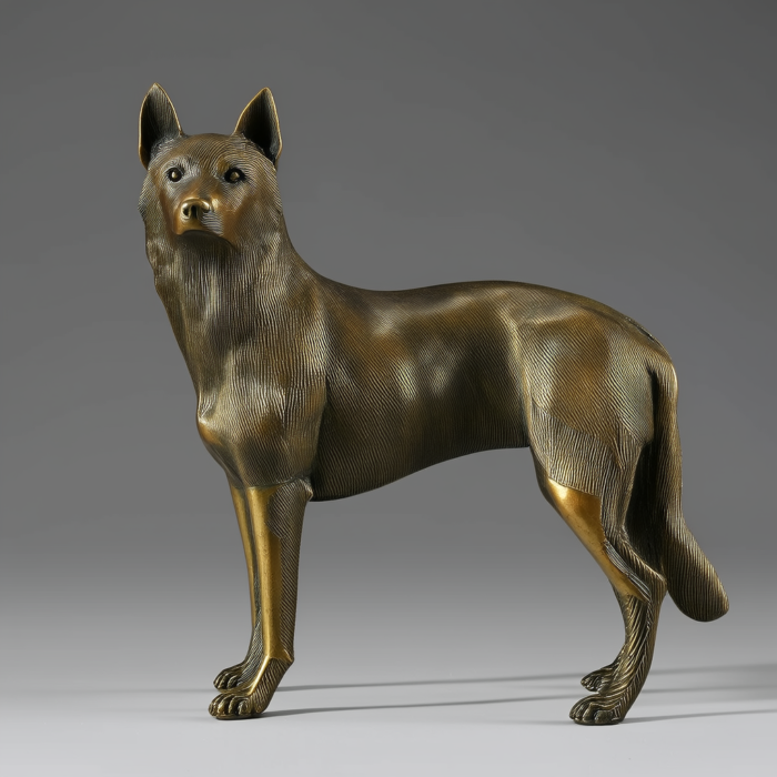 Bronze sculpture of a Shiba Inu dog, standing alert and facing forward. The sculpture is detailed, showing the texture of the dog's fur.