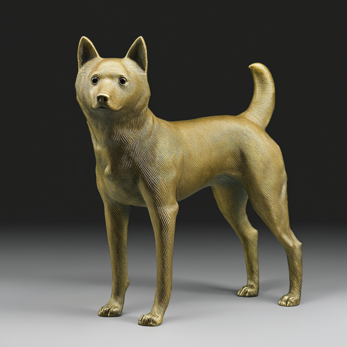 A bronze sculpture of a Shiba Inu dog, standing proudly with its tail curled. The sculpture is detailed, showing the texture of the dog's fur.