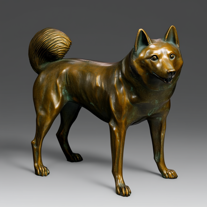 Bronze sculpture of a Shiba Inu dog, standing, viewed from the side. The sculpture is highly detailed, showing the dog's fur and musculature.