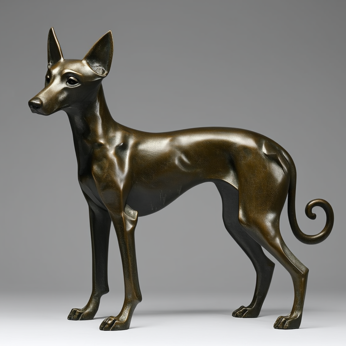 Bronze sculpture of a Shiba Inu dog, standing in profile, with its tail curled. The sculpture is dark bronze with a smooth, polished finish.