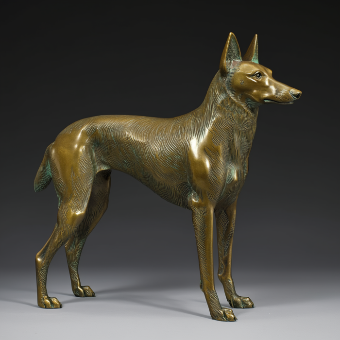 A bronze sculpture of a Shiba Inu dog standing proudly, showcasing intricate details in its fur and posture.