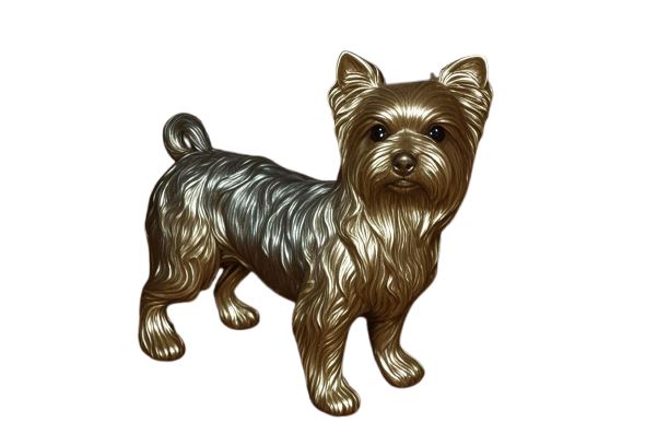 A gold-colored figurine of a Yorkshire Terrier standing, showcasing detailed fur and facial features.