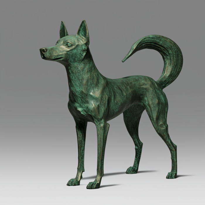 A green bronze sculpture of a Shiba Inu dog standing in profile, showcasing its elegant posture and realistic details.