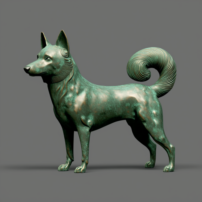 A bronze sculpture of a Shiba Inu dog, standing in profile, with a detailed textured surface and a green-bronze patina.