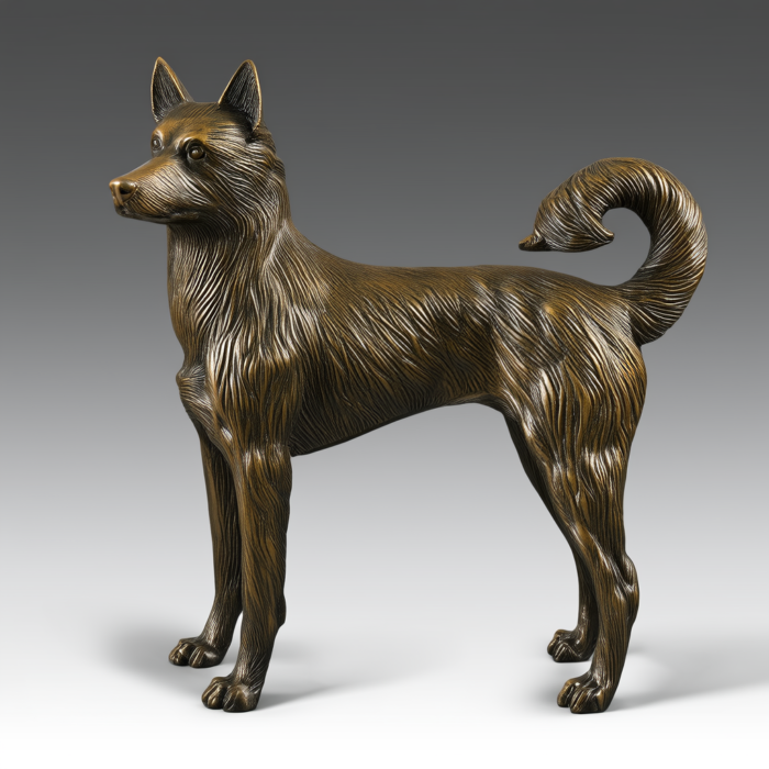 Bronze sculpture of a Shiba Inu dog, standing in profile, showcasing detailed fur texture and expressive features.