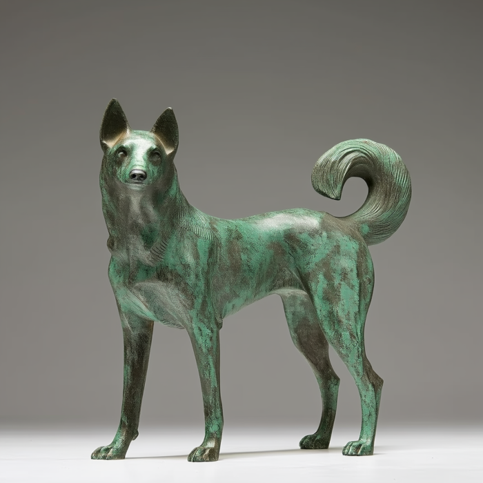 Bronze sculpture of a Shiba Inu dog, standing in profile, featuring a green patina.