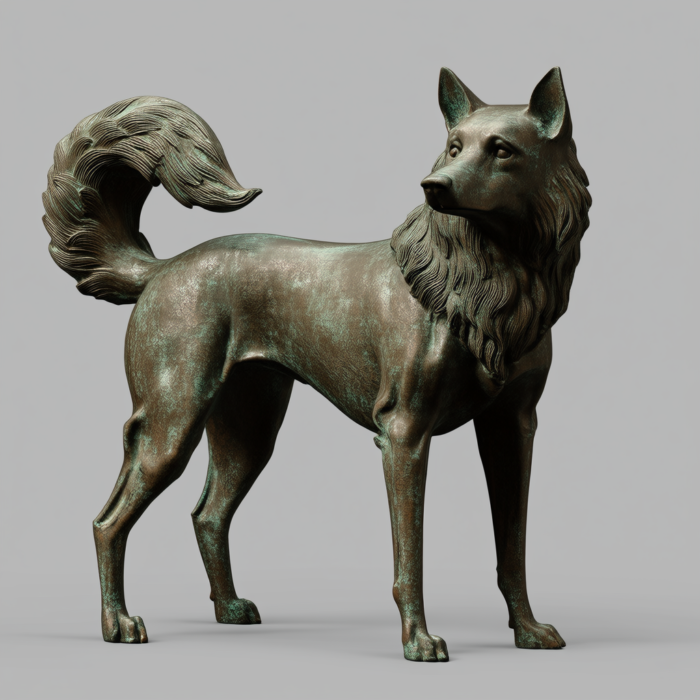 Bronze sculpture of a Shiba Inu dog, standing in profile, with its tail curled. The sculpture has a dark bronze patina, showing details in the fur and musculature of the dog.
