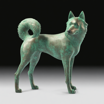 Bronze sculpture of a Shiba Inu dog, standing in profile, with a curled tail. The sculpture has a green patina finish, showcasing detailed fur and features.