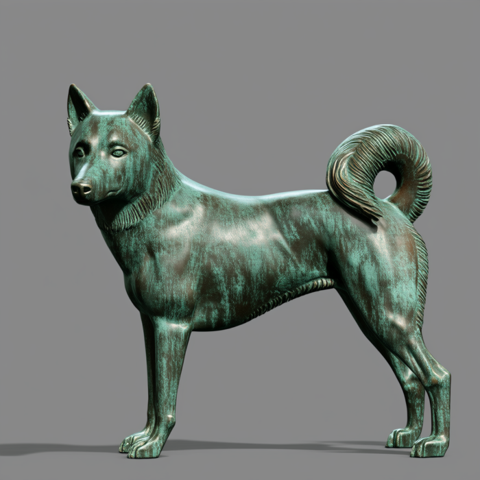 A bronze sculpture of a Shiba Inu dog standing in profile, with an antique green patina finish.