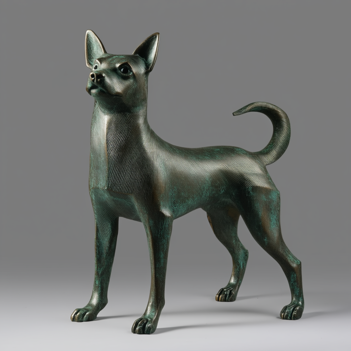 Bronze sculpture of a Shiba Inu dog, standing proudly with its head slightly raised, showcasing detailed fur texture and a green-tinged patina.