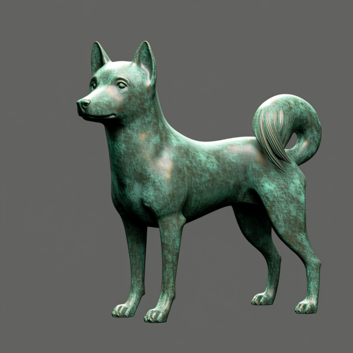 A bronze sculpture of a Shiba Inu dog, standing in profile, with a unique greenish-brown patina.