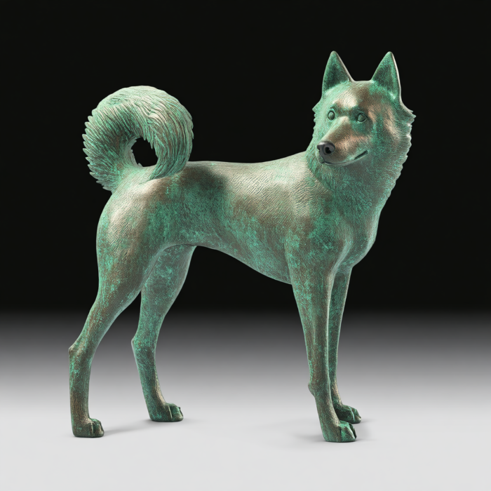 Bronze sculpture of a Shiba Inu dog, standing in profile, with a curled tail. The sculpture has a green patina finish, showcasing detailed fur and features.
