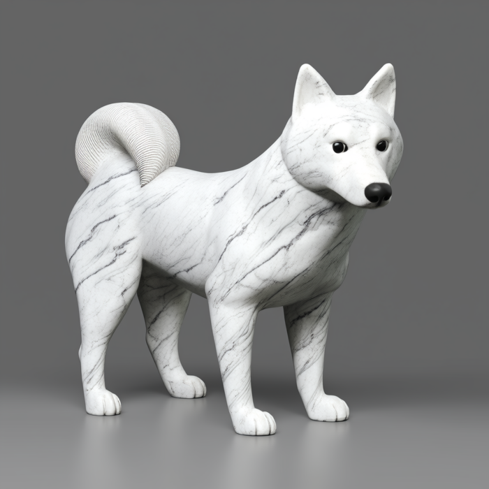 A hand-carved marble sculpture of a Shiba Inu dog, standing in profile view. The sculpture is white with gray veining and exhibits a realistic depiction of the dog's form and features.