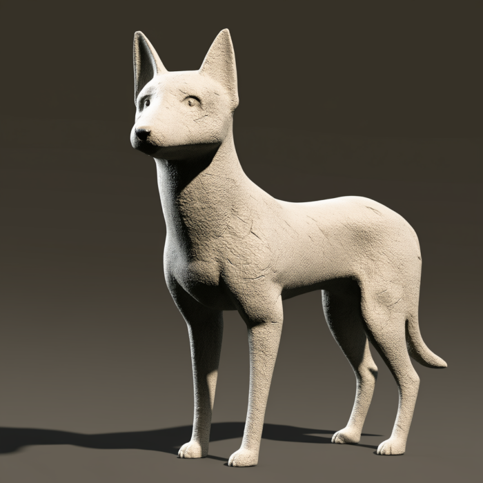 A digital 3D rendering of a Shiba Inu sculpture, appearing as if carved from light-colored stone, standing proudly and looking upward.