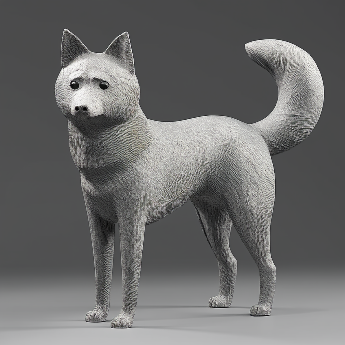 A detailed gray resin sculpture of a Shiba Inu dog standing with its tail curled. The sculpture captures the texture of fur and features a minimalist design.