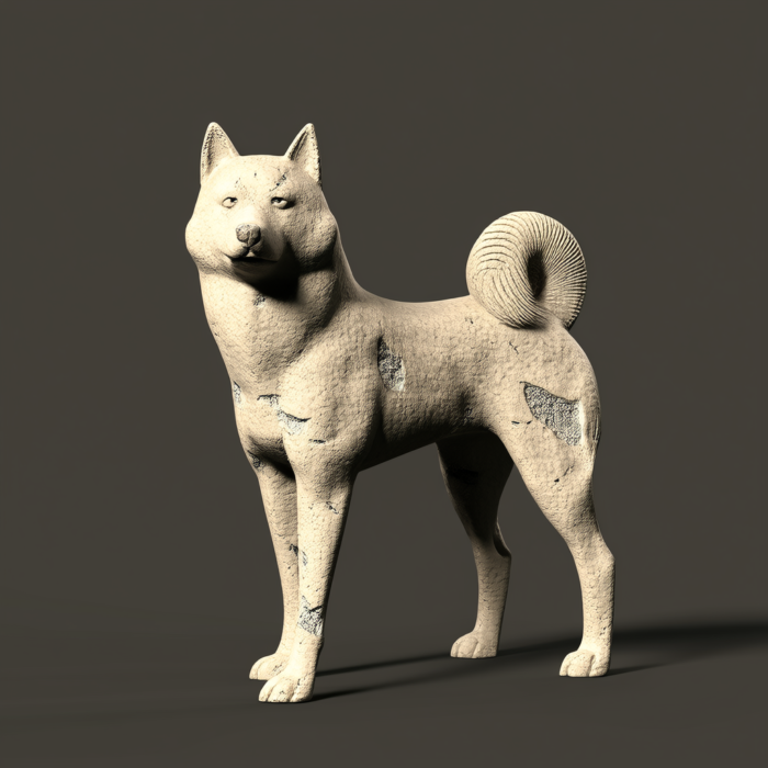 A beige stone sculpture of a Shiba Inu dog, standing in profile, with a textured surface suggesting age and weathering.