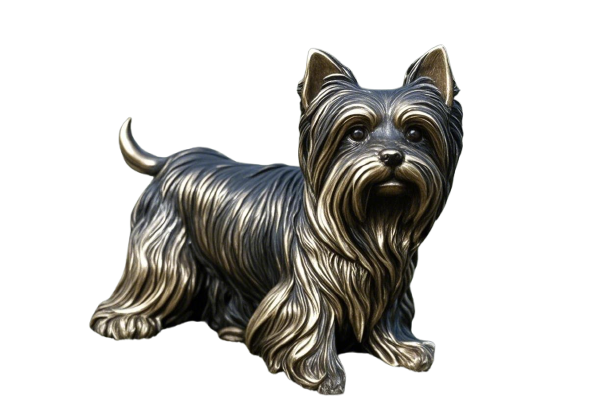 A bronze sculpture of a Yorkshire Terrier, standing, facing forward, showcasing intricate details of its fur and facial features.