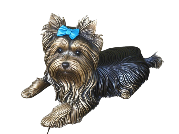 Bronze sculpture of a Yorkshire Terrier lying down, wearing a light blue bow.