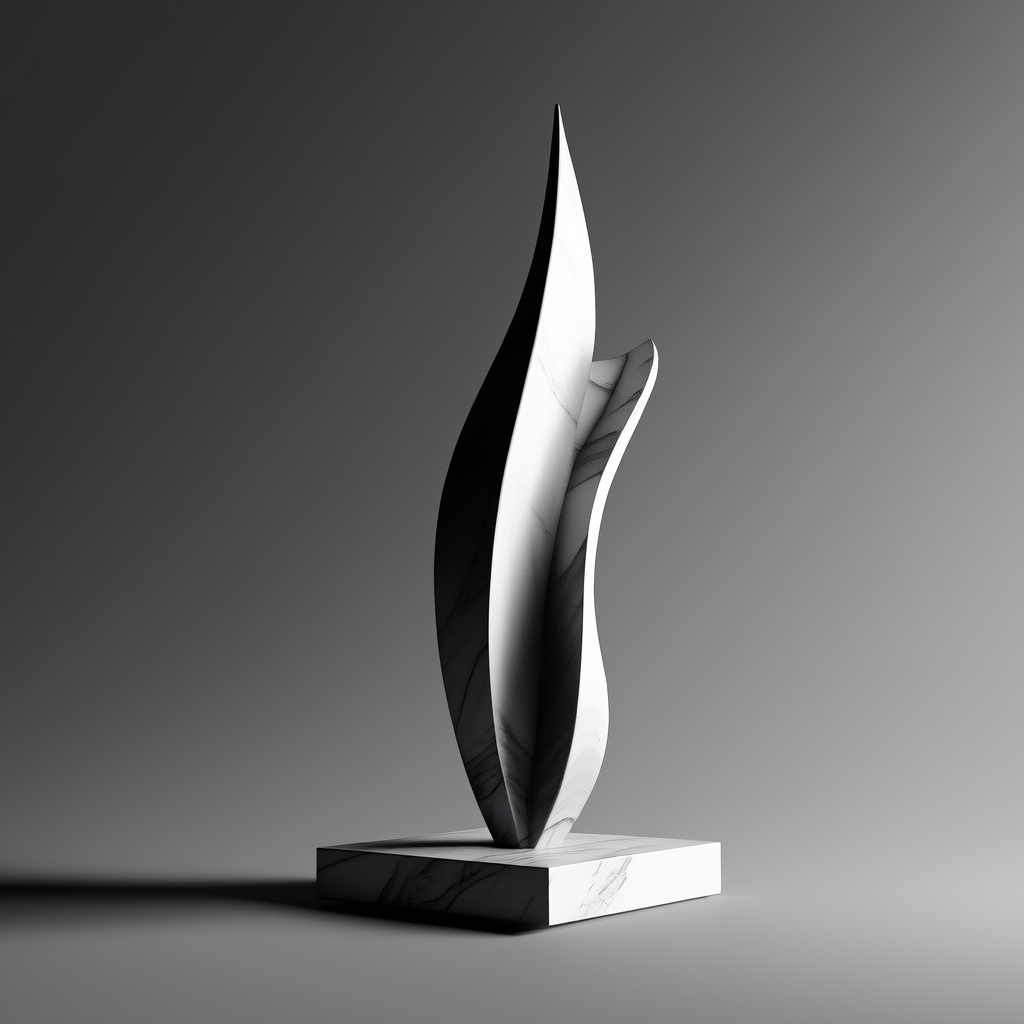 A minimalist digital artwork of a freestanding botanical sculpture carved from marble. The sculpture features a geometric abstract design with subtle tonal variations against a transparent background.