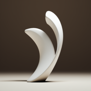 Minimalist digital artwork of a geometric abstract botanical sculpture carved from white marble with subtle tonal variations. The background is transparent.