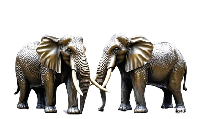 A pair of bronze elephant sculptures, standing facing each other with intertwined tusks. The sculptures are highly detailed and have a rich bronze patina.