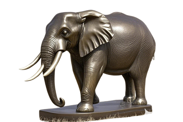 A detailed bronze sculpture of an elephant, standing on a dark stone base. The elephant's skin texture and tusks are clearly visible, showcasing the artist's skill.
