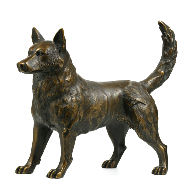 Bronze sculpture of a Shiba Inu dog, standing in profile, tail curled. The sculpture is detailed, showing the dog's fur and musculature.