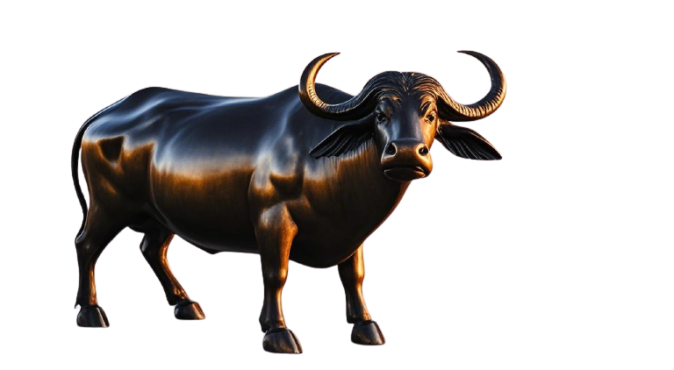 A bronze sculpture of a water buffalo, standing majestically, its horns curving elegantly. The sculpture showcases intricate detail and a rich, dark bronze patina.